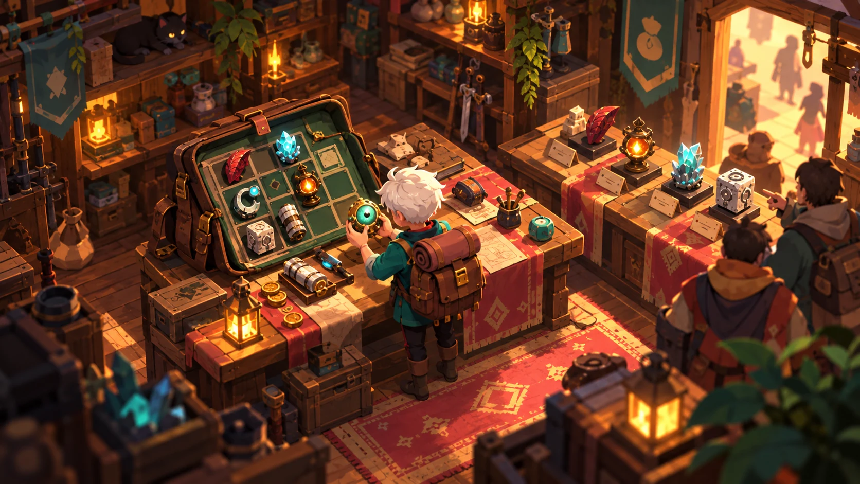 Original illustration of a merchant arranging relics in an open backpack grid