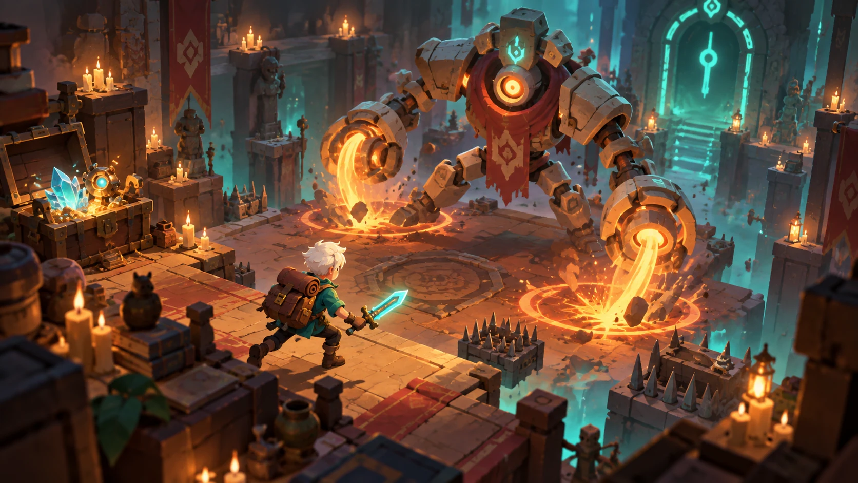 Original illustration of an adventurer facing a vault guardian