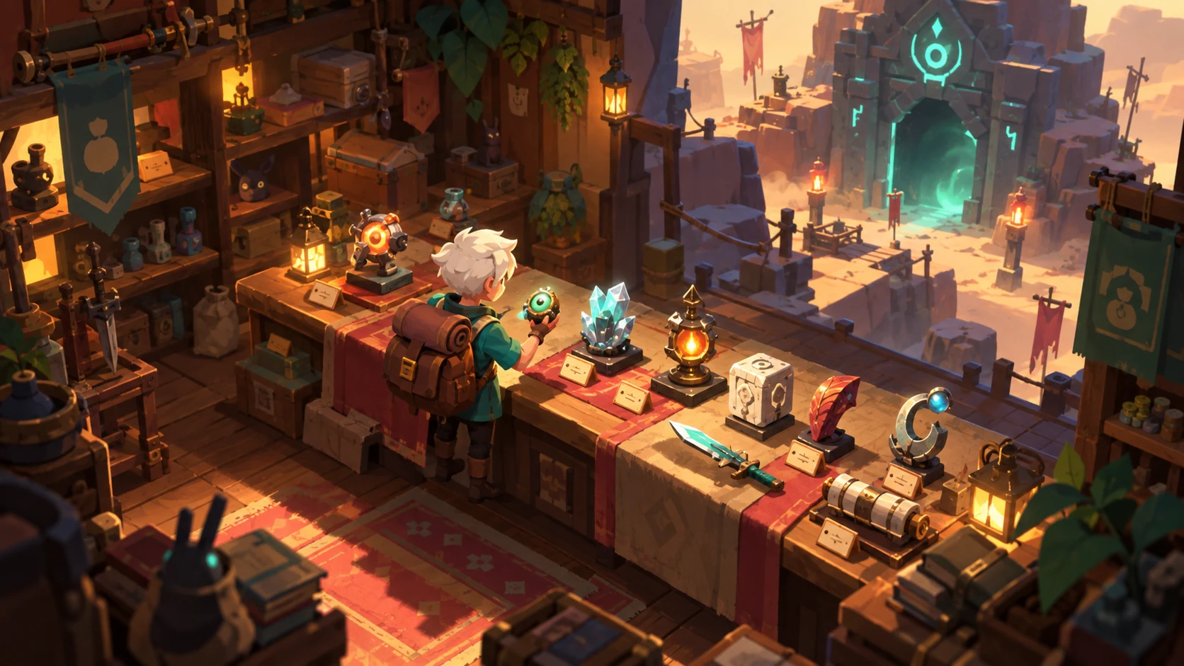 Original merchant shop illustration with relic displays and a glowing vault entrance