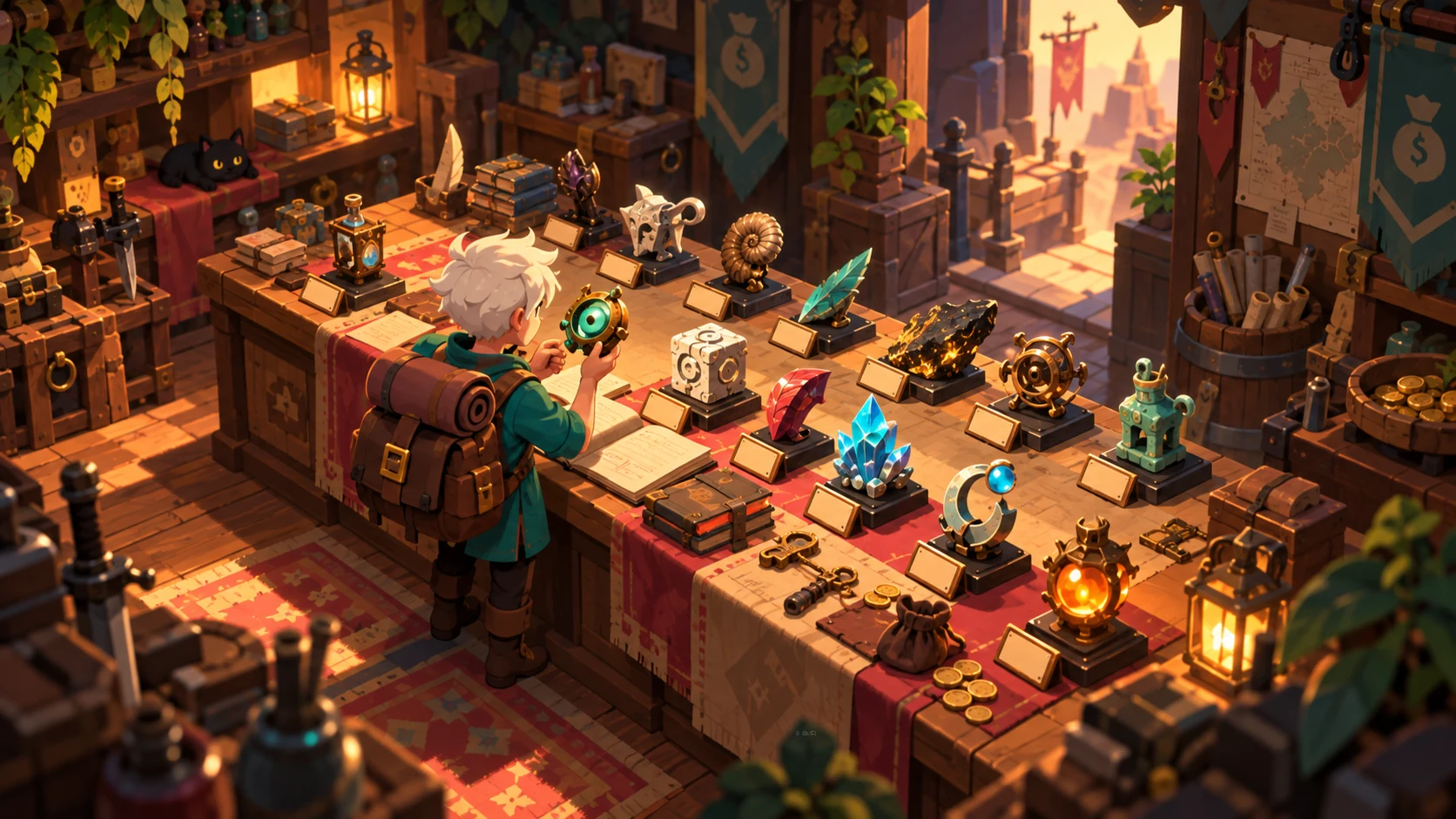 Original illustration of a merchant cataloguing many relics and price plaques