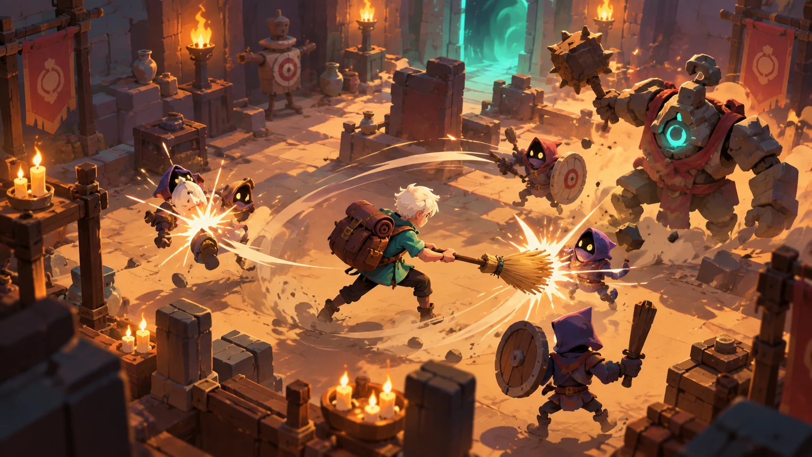 Original illustration of an adventurer fighting with a broom