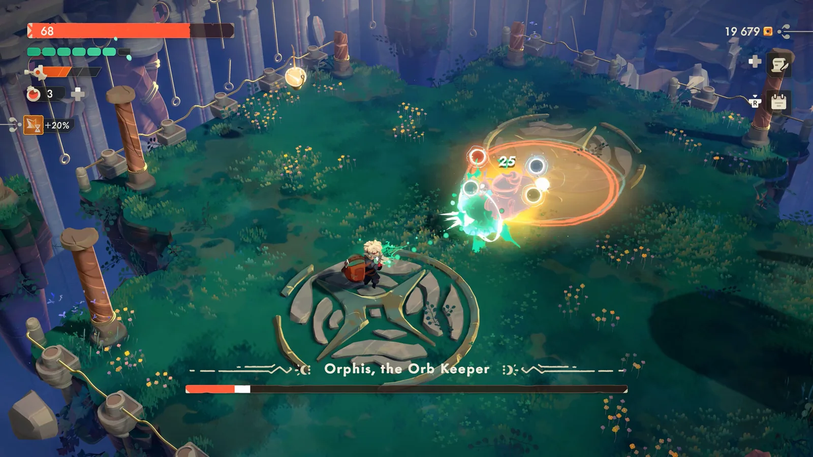 Official Moonlighter 2 store screenshot of the boss Orphis, the Orb Keeper in a green meadow arena