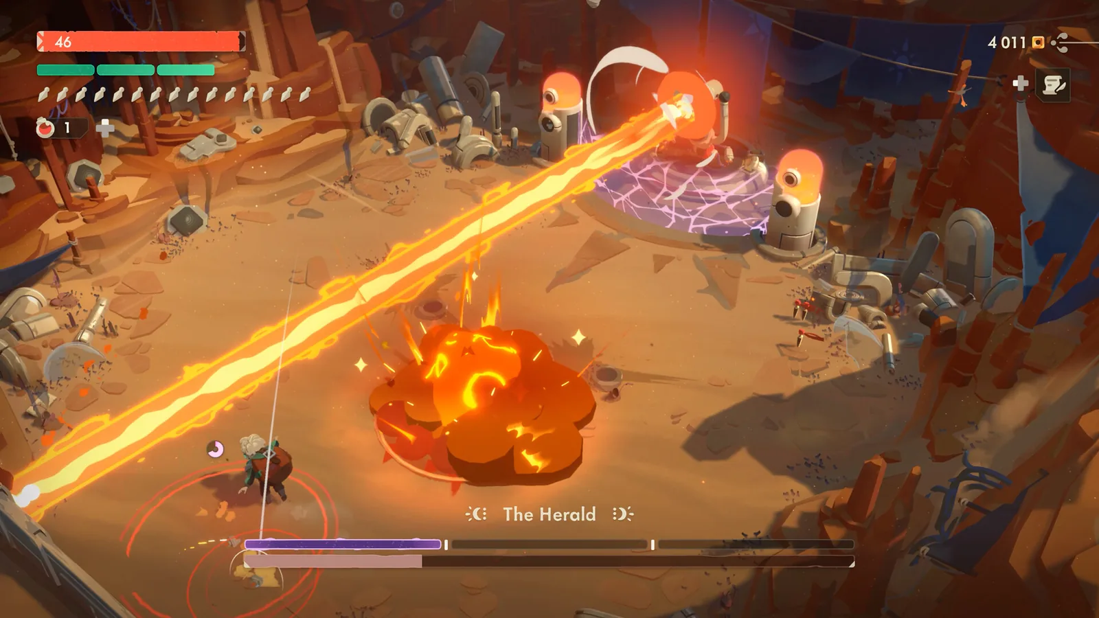 Official Moonlighter 2 store screenshot of the boss The Herald firing a sweeping fire beam across a desert scrapyard arena