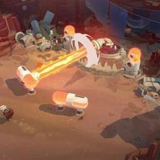 Official Moonlighter 2 screenshot showing enemy beam attacks crossing a combat arena