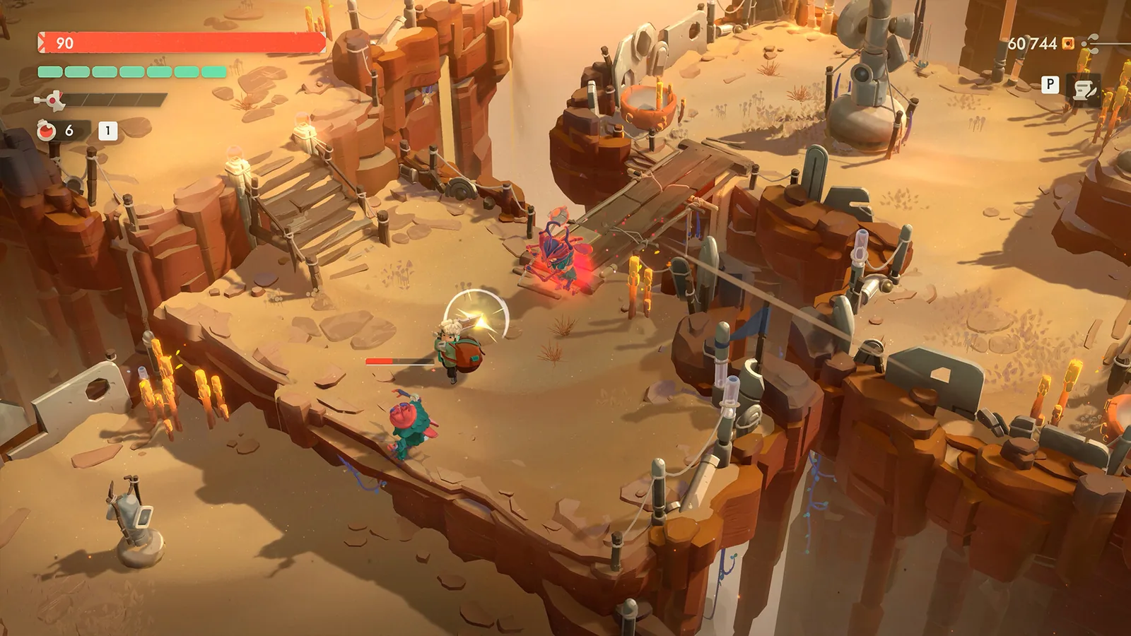 Official Moonlighter 2 store screenshot showing melee combat with a white slash effect against two enemies in a desert canyon