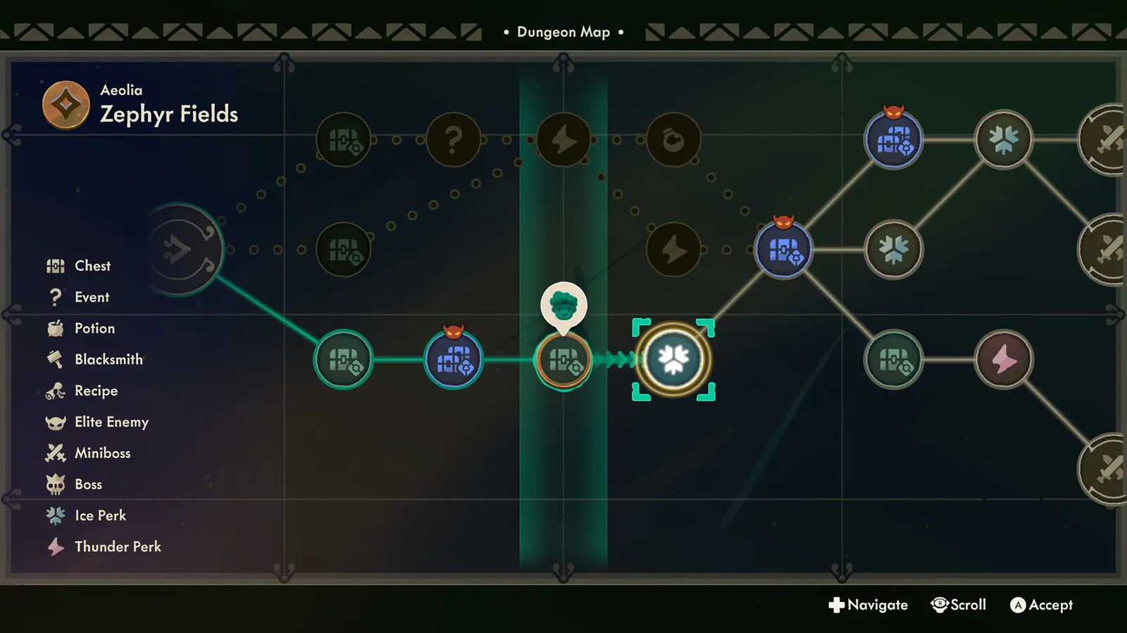 Official Moonlighter 2 store screenshot of the dungeon map for Aeolia, Zephyr Fields, with a legend for Chest, Event, Potion, Blacksmith, Recipe, Elite Enemy, Miniboss, Boss, Ice Perk and Thunder Perk nodes