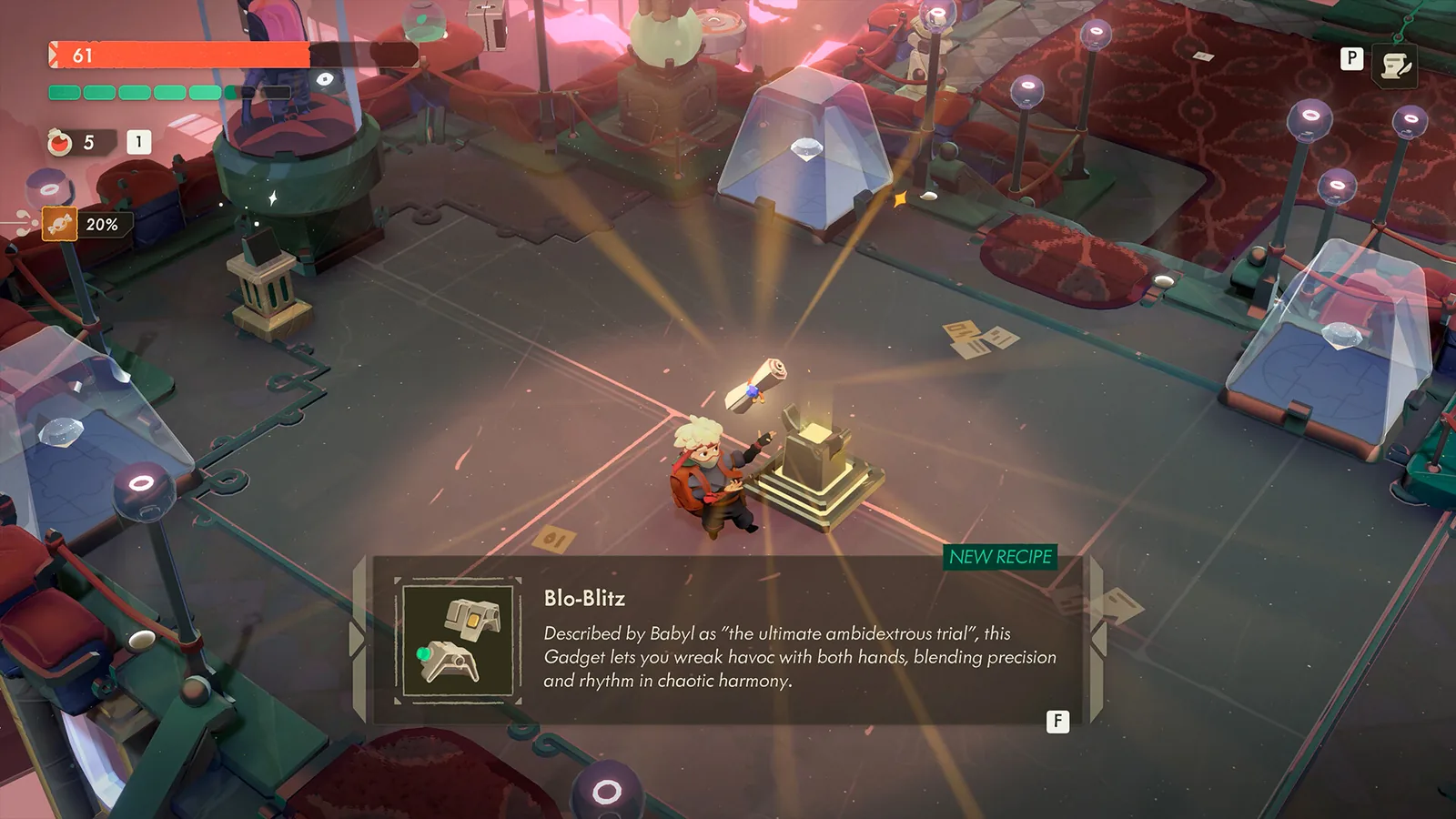Official Moonlighter 2 store screenshot of a Gallery exhibition hall where the merchant unlocks the new gadget recipe Blo-Blitz