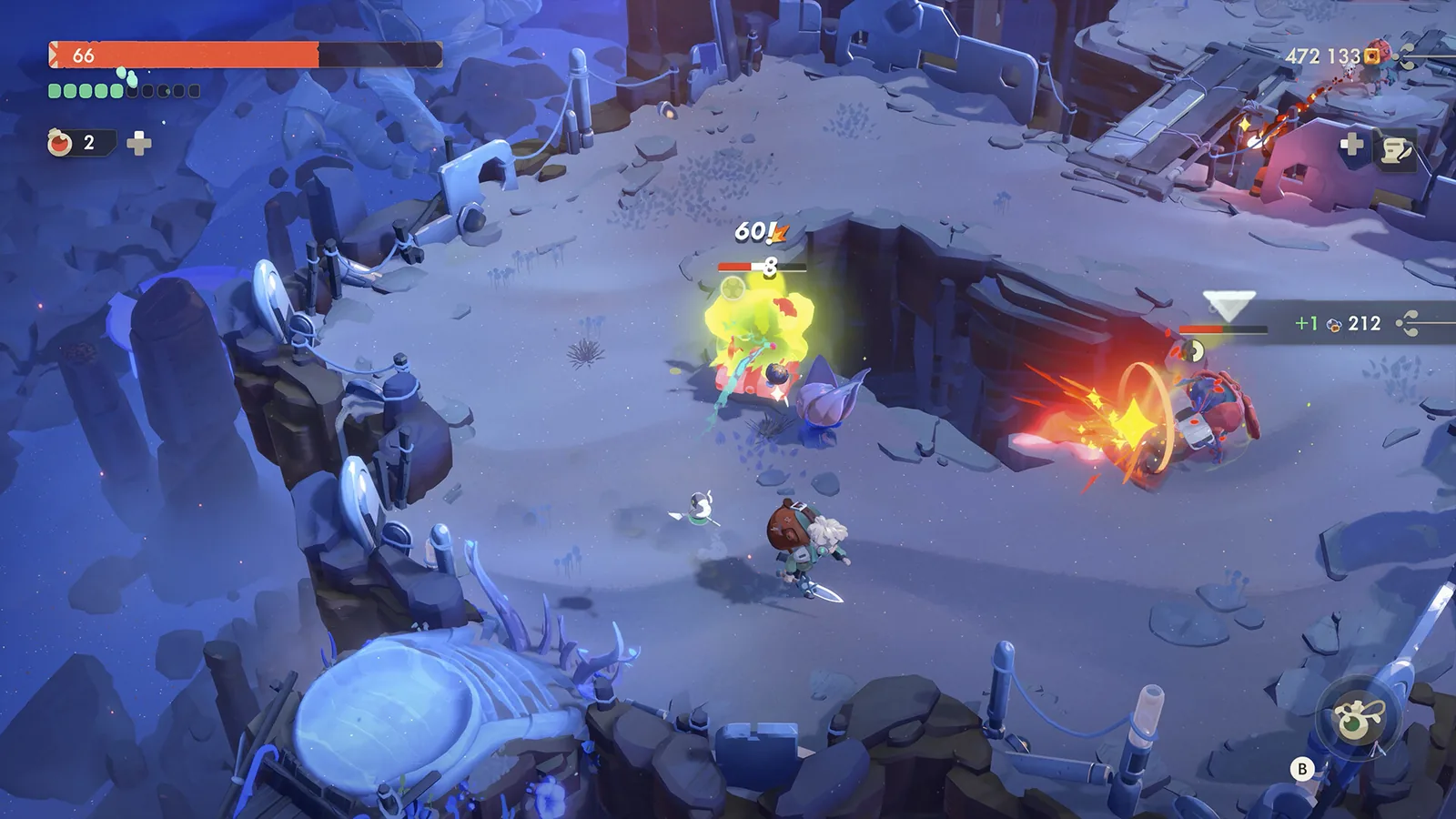 Official Moonlighter 2 store screenshot of combat in a frozen biome with a damage number popping over an enemy