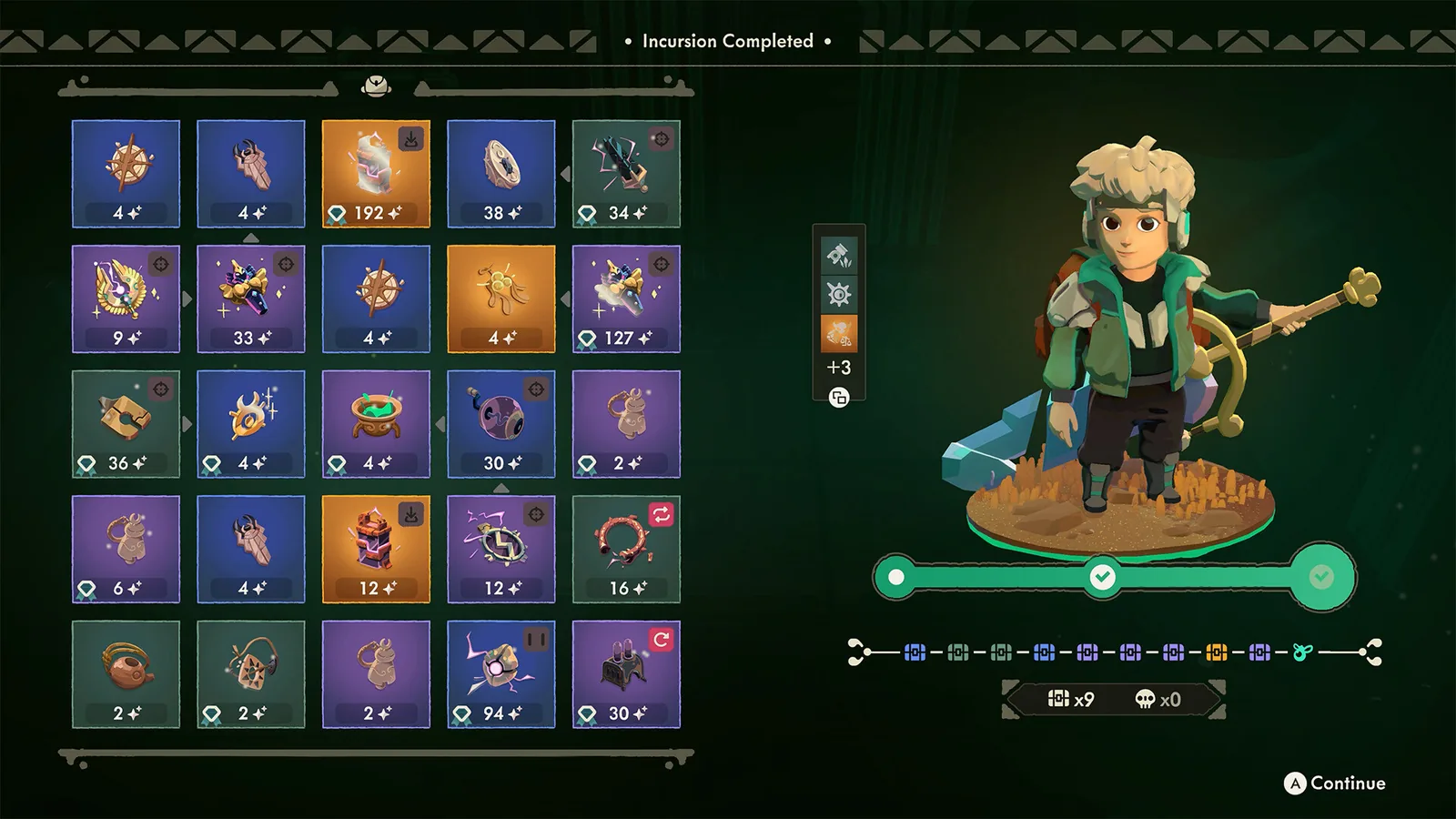 Official Moonlighter 2 store screenshot of the Incursion Completed screen showing a full backpack grid of relics with quality values and the run route below