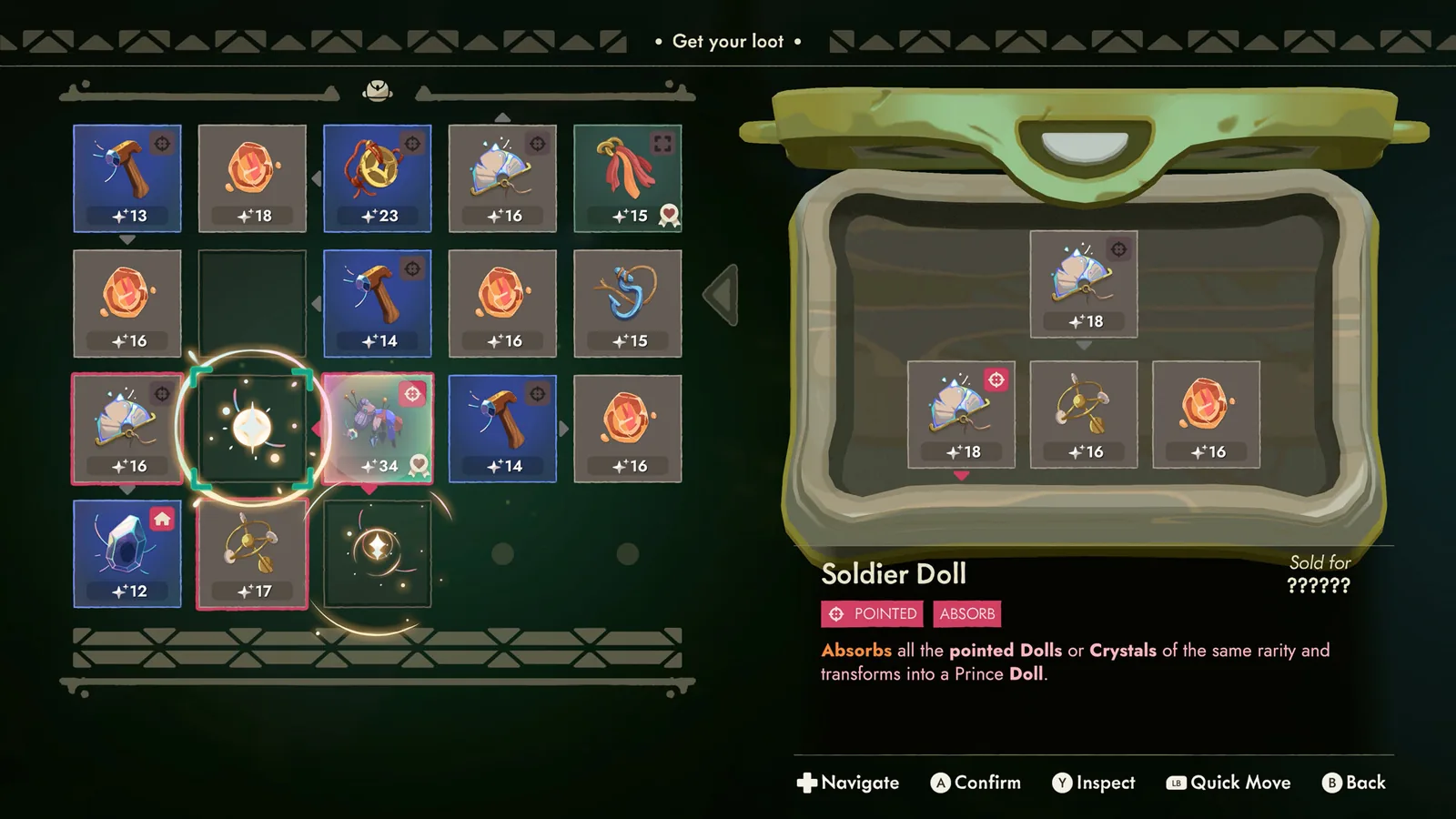 Official Moonlighter 2 store screenshot of the Get Your Loot chest screen, where the Soldier Doll relic shows POINTED and ABSORB tags and transforms pointed dolls of the same rarity into a Prince Doll