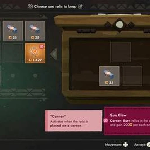 Official Moonlighter 2 screenshot showing relic choice and backpack placement UI with Sun Claw