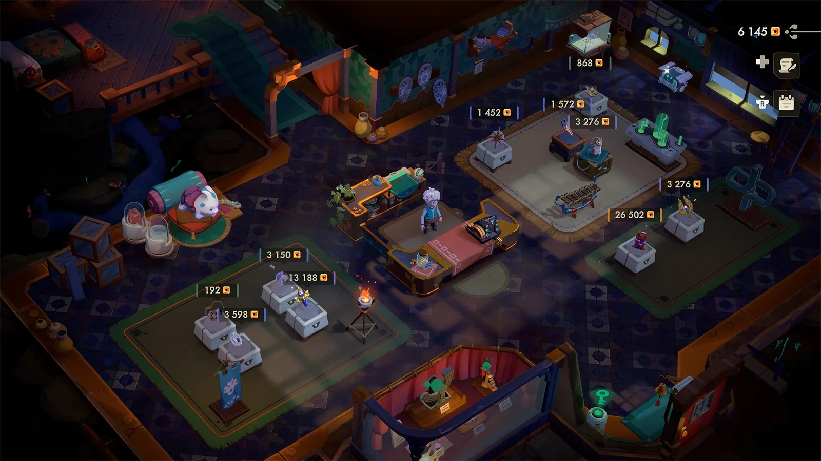 Official Moonlighter 2 store screenshot of the shop floor at dusk with price tags on displayed relics ranging from 191 to 26,502 gold