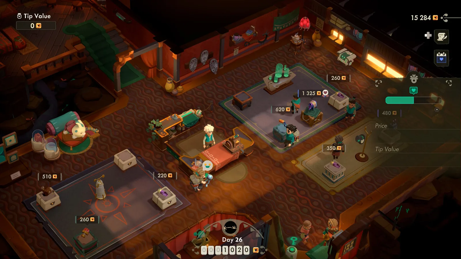 Official Moonlighter 2 store screenshot of the shop floor in daylight with price tags over displayed relics
