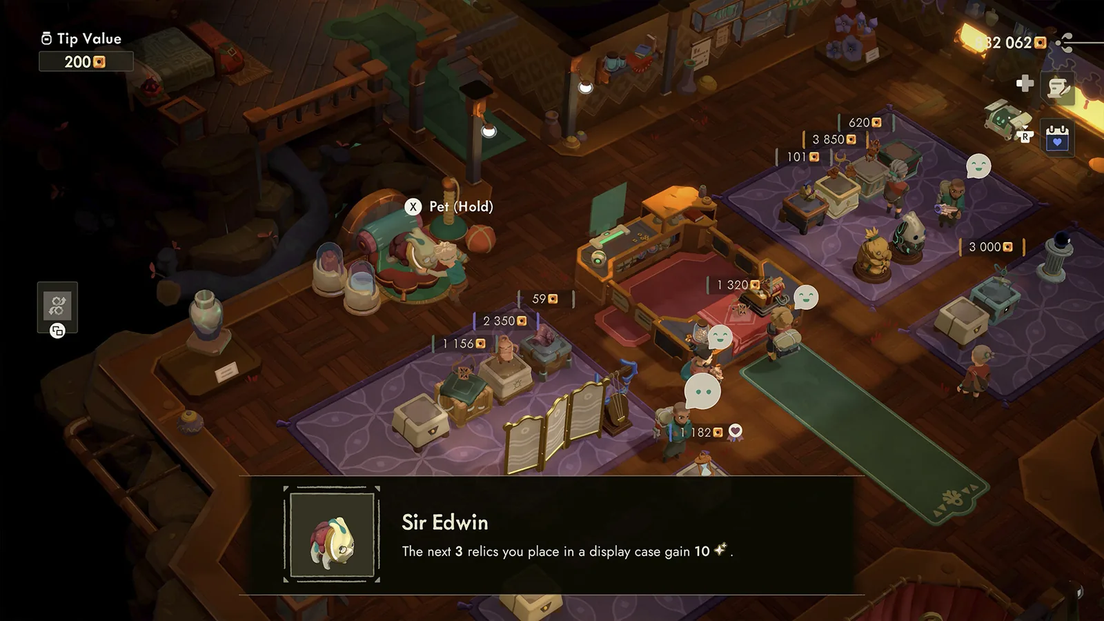 Official Moonlighter 2 store screenshot of a night shift in the shop with customers browsing price-tagged relics and a Tip Value indicator of 200