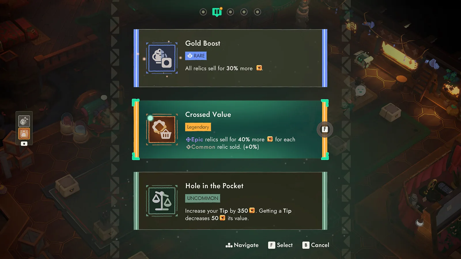 Official Moonlighter 2 store screenshot of the shop perk selection screen showing the Gold Boost, Crossed Value and Hole in the Pocket perk cards with their effects