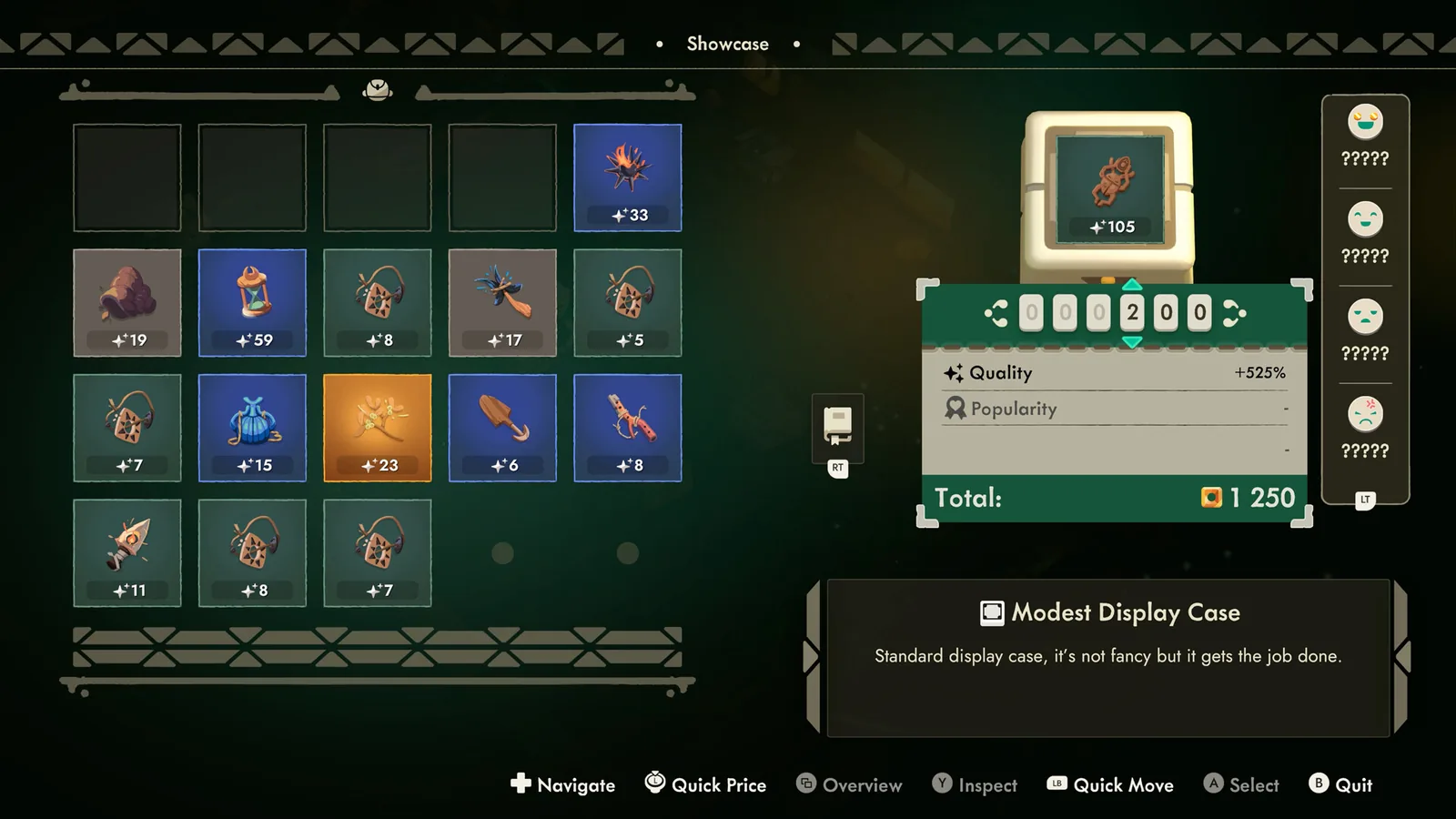Official Moonlighter 2 store screenshot of the Showcase pricing screen: a relic with quality stars is priced at 200 gold with a Quality bonus of +525%, a total of 1,250 and customer reaction faces listed on the right