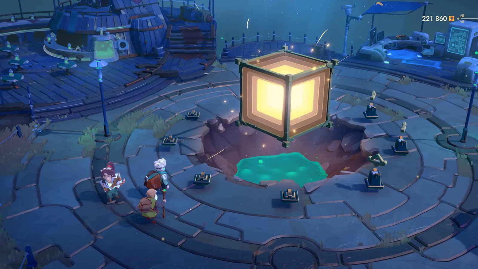 Official Moonlighter 2 store screenshot of the merchant village at night with a glowing cube floating above the vault entrance