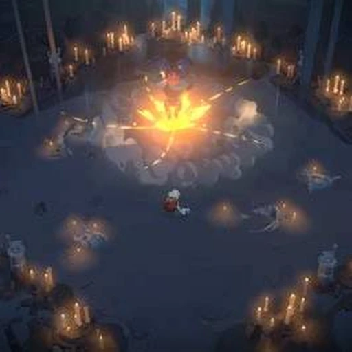 Official Moonlighter 2 screenshot of a candle-lit boss arena